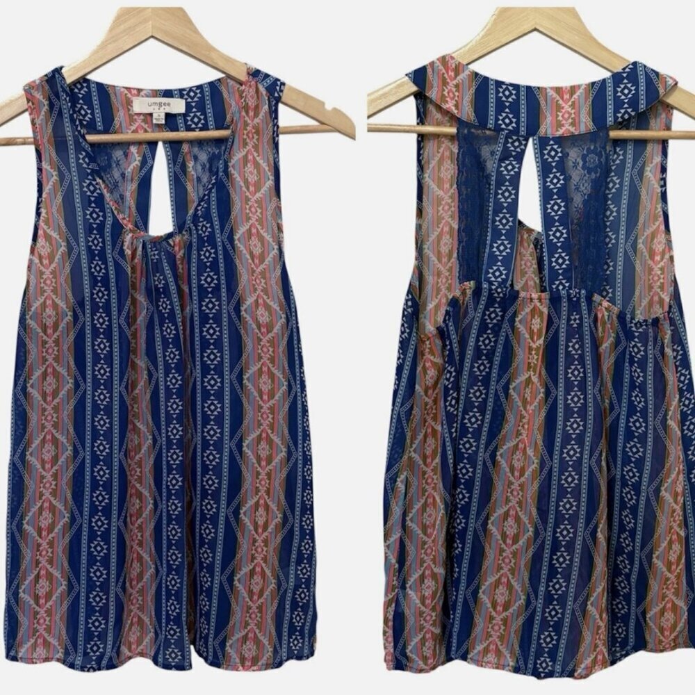 3/$18✨UMGEE Women's Small Blue Pink Halter Sleeveless Casual Sheer Lace Soft Top